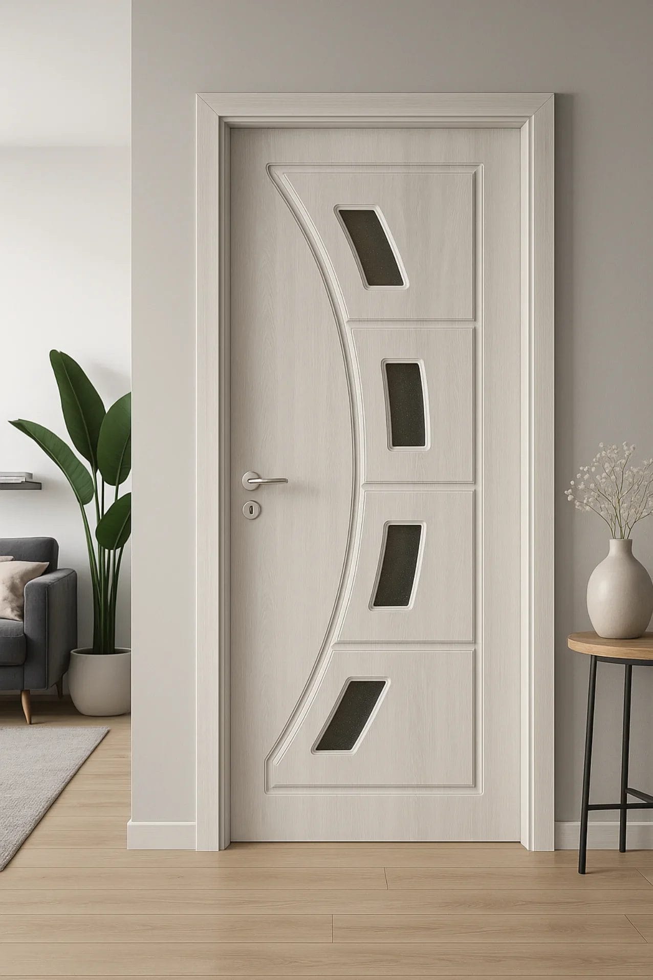 Uși interior Târgu Neamț model alb cu sticlă decorativă